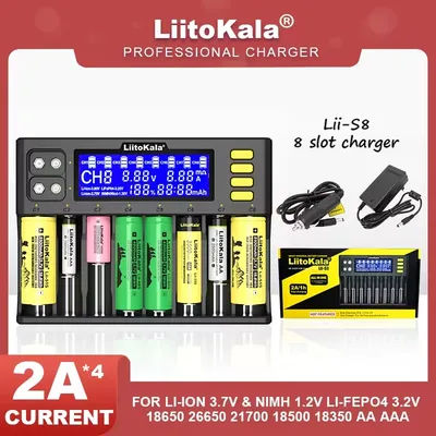 LiitoKala Lii-S8 (8 Slots) & Lii-S12 (12 Slots) Chargers + 2×9V Adapters | Universal for Li-ion/NiMH/AA/AAA/18650/9V | Smart LCD