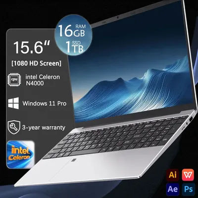 2025 New Notebook 15.6 Inch Laptop Windows 11 Intel Celeron N4000 16GB RAM 1TB SSD Fingerprint Unlock Study Office Pc Laptops