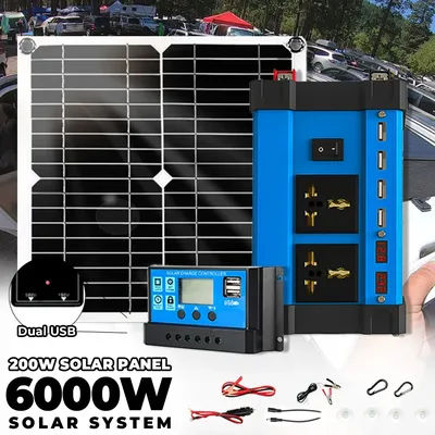 6000W Inverter Solar kits 30A Controller 5V Solar Panel Smart Phone Car Charge Camping Home Solar Power System for Home RV