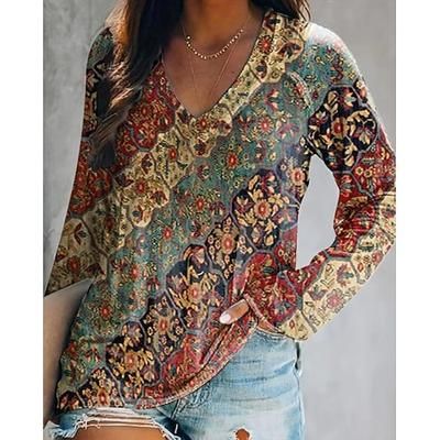 T-Shirt da Donna con Collo a V e Maniche Lunghe Grafica Casuale Fiori Piante Elegante Bohemia Vintage Stile Regolare Tops Quotidiani Uscita Weekend Stampa Marrone Verde Erba Rossa Viola Arancione