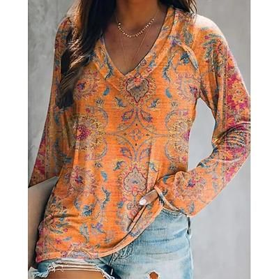 T-Shirt da Donna con Collo a V e Maniche Lunghe Grafica Casuale Fiori Piante Elegante Bohemia Vintage Stile Regolare Tops Quotidiani Uscita Weekend Stampa Marrone Verde Erba Rossa Viola Arancione