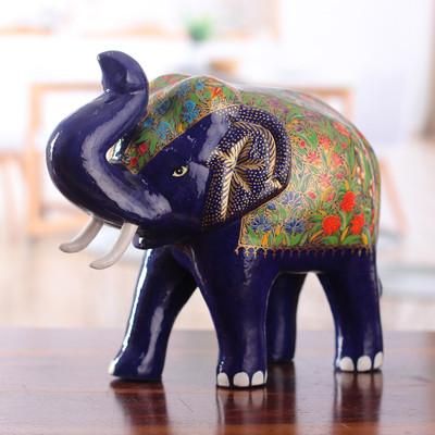 'Classic Royal Elephant-Themed Blue and Golden Wood Sculpture'
