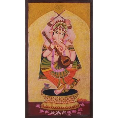 Dancing Ganesha II,'Indian Oil on Canvas Painting of Lord Ganesha Dancing'