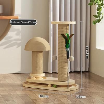 Solid Wood Pet Cat Turntable Scratch Pillar With Sisal Climbing Frame & Toy Balls Mushroom XL
