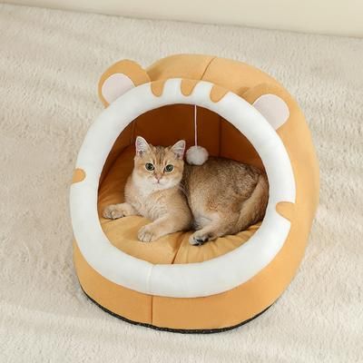 Warm Cat House & Dog Bed, Super Cat Basket Tent With Cave Cushion For Kittens & Small Dogs yellow l