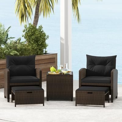 5 Piece Patio Rattan Furniture Set With 2 Ottomans & Tempered Glass Coffee Table Outdoor Wicker Conversation Set 5 Piece Patio Rattan Furniture Set With 2 Ottomans & Tempered Glass Coffee Table Outdoor Wicker Conversation Set