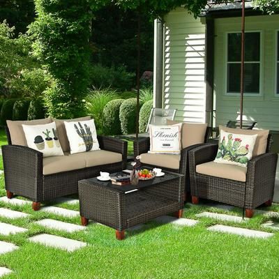 4 Piece Patio Rattan Furniture Set With Cushions, Outdoor Wicker Sofa & Coffee Table 4 Piece Patio Rattan Furniture Set With Cushions, Outdoor Wicker Sofa & Coffee Table