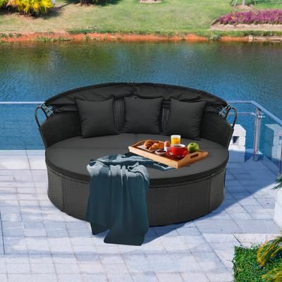 Clamshell Patio Round Daybed Wicker With Retractable Canopy & Pillows, Convertible Outdoor Lounge Bed Clamshell Patio Round Daybed Wicker With Retractable Canopy & Pillows, Convertible Outdoor Lounge Bed