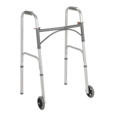 McKesson Dual Release Folding Walker with Wheels Adjustable Height Steel Frame 350 lbs. Weight Capacity 32 to 39 Inch Height (1128909_EA)