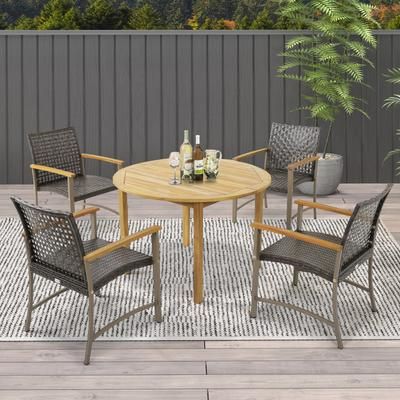 4 Piece Rattan Dining Chairs With Acacia Wood Armrests, Weather Resistant Patio Furniture Set 4 Piece Rattan Dining Chairs With Acacia Wood Armrests, Weather Resistant Patio Furniture Set