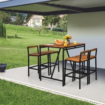 5 Piece Outdoor Acacia Wood And PE Rattan Bar Set, Patio Bar Height Dining Set 5 Piece Outdoor Acacia Wood And PE Rattan Bar Set, Patio Bar Height Dining Set
