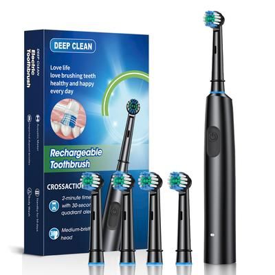 Rechargeable Electric Tooth Brush For Adults, Rotary Cleaning With 8 Brush Heads, 5 Modes, Long Lasting Battery Power black 4 Heads