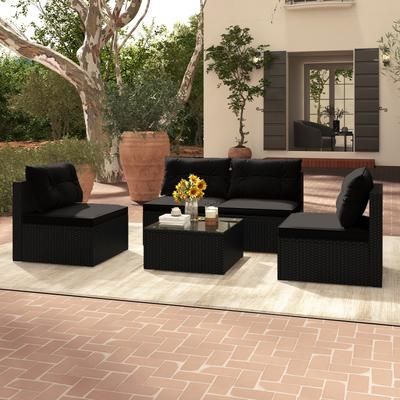 5 Piece Outdoor Patio Furniture Set With Cushions & Coffee Table All Weather Rattan Conversation Set 5 Piece Outdoor Patio Furniture Set With Cushions & Coffee Table All Weather Rattan Conversation Set