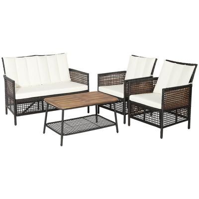 Patio Rattan Furniture Set With Tier Coffee Table, Outdoor Conversation Set With Loveseat, Armchairs & Acacia Wood Patio Rattan Furniture Set With Tier Coffee Table, Outdoor Conversation Set With Loveseat, Armchairs & Acacia Wood
