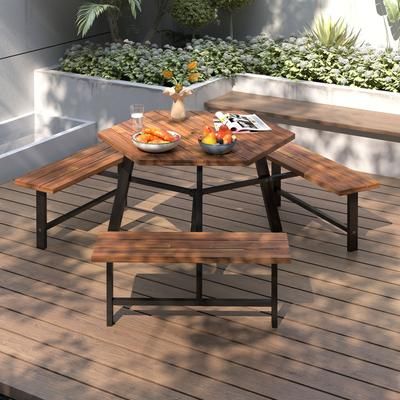 6 Person Acacia Wood Picnic Table & Bench Set, Heavy Duty Outdoor Dining Set With 3 Seats 6 Person Acacia Wood Picnic Table & Bench Set, Heavy Duty Outdoor Dining Set With 3 Seats