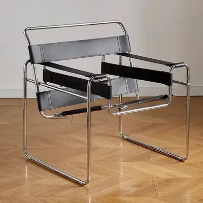 Nordic Vassili Leisure Chair Single, Medieval Industrial Style Network Frame With Bauhaus Saddle Leather black
