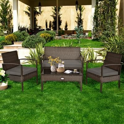 4 Piece Patio Rattan Cushioned Furniture Set With Loveseat & Coffee Table, Outdoor Lounge Set 4 Piece Patio Rattan Cushioned Furniture Set With Loveseat & Coffee Table, Outdoor Lounge Set