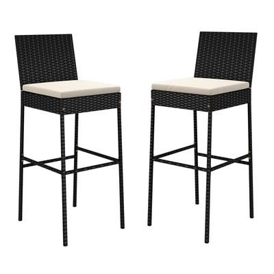 Set Of Patio Wicker Barstools With Cushioned Seats, Footrest & Backrest, Outdoor Bar Chairs For Backyard Or Poolside Set Of Patio Wicker Barstools With Cushioned Seats, Footrest & Backrest, Outdoor Bar Chairs For Backyard Or Poolside