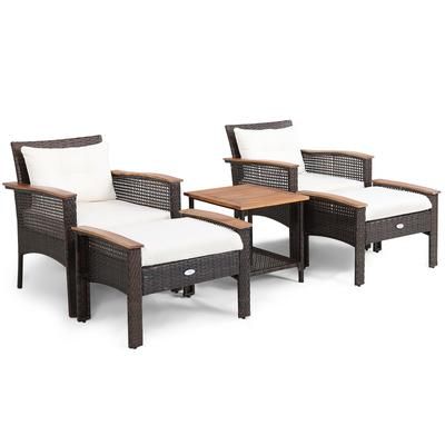 Modern Patio Rattan Furniture Set With Acacia Wood Table, Weather Resistant Outdoor Seating Set With Ottomans Armchairs Modern Patio Rattan Furniture Set With Acacia Wood Table, Weather Resistant Outdoor Seating Set With Ottomans Armchairs