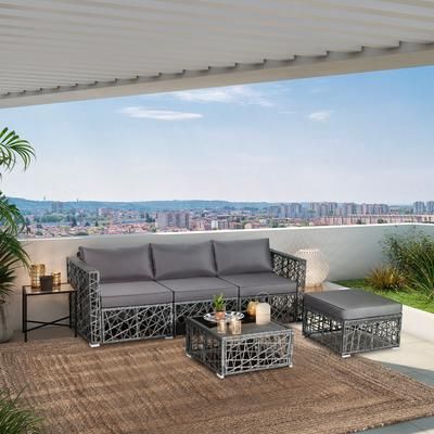 5 Piece Patio PE Rattan Wicker Sofa Furniture Set, All Weather Gray Outdoor Sectional With Tempered Glass Table 5 Piece Patio PE Rattan Wicker Sofa Furniture Set, All Weather Gray Outdoor Sectional With Tempered Glass Table