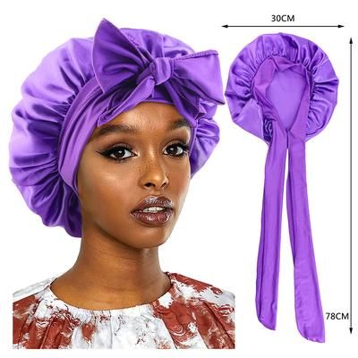 New Satin Sleeping Cap For Women, Solid Wide Band Stretch Bonnet For Hair Care & Night Protection purple