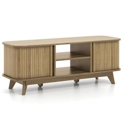 Oak TV Stand With Dual Sliding Doors, Rustic Media Console Table With Adjustable Storage & Cable Management Oak TV Stand With Dual Sliding Doors, Rustic Media Console Table With Adjustable Storage & Cable Management