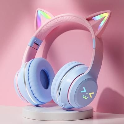 Wireless Cat Ear Headphones Bluetooth RGB Glow, Gaming Headset With Cable, Original Earphones For Smartphone PC Sport blue