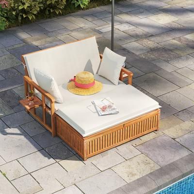 Outdoor Wooden Daybed With 4 Level Backrest & Removable Cushions Acacia Wood Patio Lounger Outdoor Wooden Daybed With 4 Level Backrest & Removable Cushions Acacia Wood Patio Lounger
