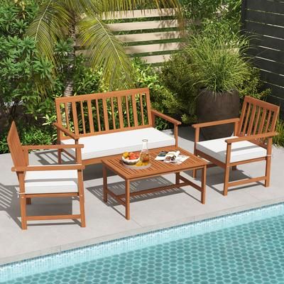 4 Piece Acacia Wood Patio Furniture Set With Seat Cushions & Robust Wood Frame Outdoor Loveseat, Armchairs Coffee Table 4 Piece Acacia Wood Patio Furniture Set With Seat Cushions & Robust Wood Frame Outdoor Loveseat, Armchairs Coffee Table