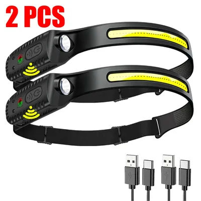 LED Sensor Headlamp USB Rechargeable Head Torch Waterproof Headlight Flashlight For Camping Hiking Fishing Outdoor 2pcs
