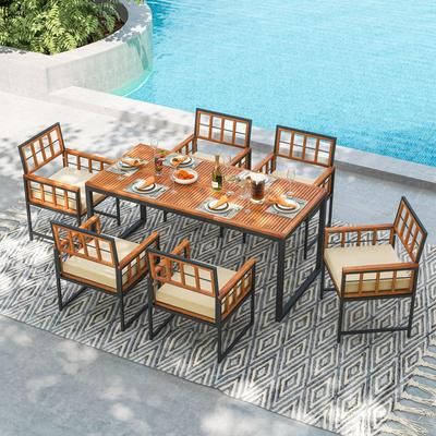 Set Of 6 Patio Dining Chairs Acacia Wood Armchairs With Cushions For Outdoor Comfort Set Of 6 Patio Dining Chairs Acacia Wood Armchairs With Cushions For Outdoor Comfort
