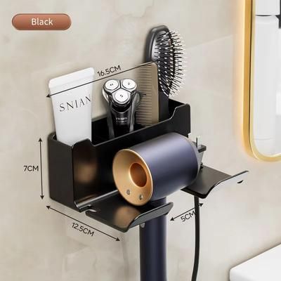 Wall Mounted Hair Dryer Holder & Straightener Organizer, No Drill Bathroom Storage Shelf black