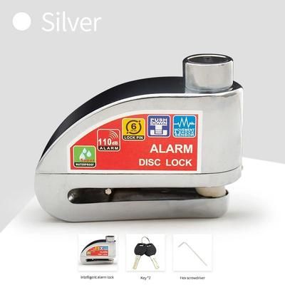 Motorcycle And Bicycle Disc Lock With Alarm And Reminder Cable For Anti Theft Security silver