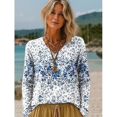 Maglietta donna manica lunga floreale grafica piante vintage elegante casual maniche lunghe scollo a V top regolari quotidiani stampa bianca verde chiaro rosa viola marrone primavera autunno