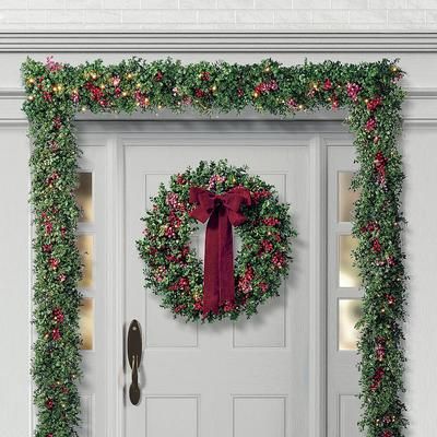 Boxwood and Berry Greenery Collection - 28" Wreath, Individual - Frontgate - Outdoor Christmas Decorations