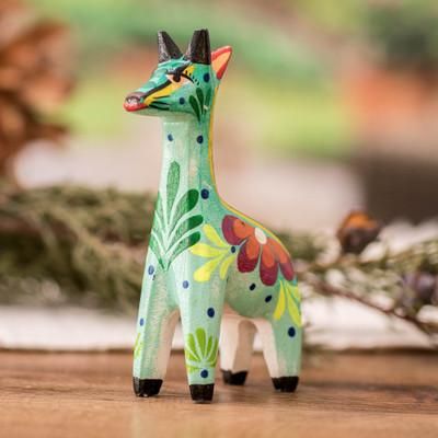 'Hand-Painted Giraffe Floral Leaf-Themed Pinewood Figurine'