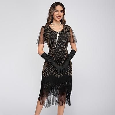 Anni Ruggenti Anni 1920 Lunghezza al ginocchio Abito Flapper Maniche corte Il grande Gatsby Ragazza Flapper Paillettes Frange Tubino Colonna Scollo a V Costume Per donna Natale Carnevale Festa serale