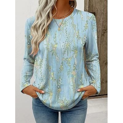 Per donna Maglietta Floreale Grafico Piante Vintage Elegante Classico Manica Lunga Girocollo Top Regolari Quotidiano Weekend Stampato Rosa Blu Viola Verde Primavera Autunno
