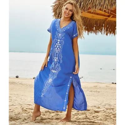 Couverture de maillot de bain brodée, col en V, manches courtes, pour femmes, robes caftan