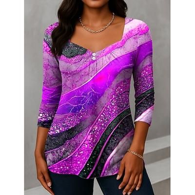 Per donna Maglietta Bottoni Stampato Ombre Grafico Vintage Moda Elegante Manica Lunga Scollo a V Collo asimmetrico Top Regolari Quotidiano Weekend Abbigliamento da vacanza Blu Giallo Viola Verde