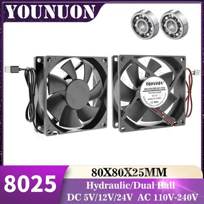 YOUNUN 80mm 8025 80X80X25MM Cooling Fan 5V/12V/24V DC Brushless Cooling Cooler Fan 8025 Sleeve&Dual Ball Bearing Axial Fan