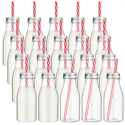 20 PCs Plastic Milk Bottles With Straws & Metal Lids Clear Plastic Bottle , 20 Bottles 20 Straws(Red, White,8 Oz)