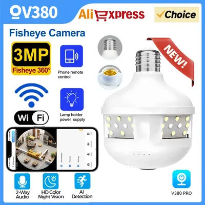 V380 PRO E27 Bulb Lighting Camera Security 360 Panoramic View Night Vision Mobile Phone Remote 3MP Security Camera fisheye lend
