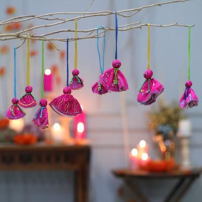 '9 Fuchsia Hand-Embroidered Viscose Doll Halloween Ornaments'