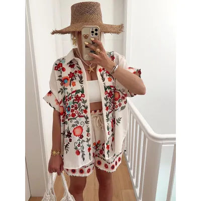 Mode Boho imprimé deux pièces ensemble décontracté revers demi manches bouton chemise taille haute à lacets ensemble short et haut printemps été vacances ensemble