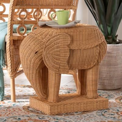 bali & pari Elissa Bohemian Light Honey Rattan Elephant End Table by Bali & Pari in Light Honey (Size ONE SIZE)