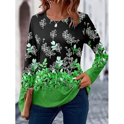 Per donna Maglietta Floreale Grafico Piante Vintage Elegante Classico Manica Lunga Girocollo Top Regolari Quotidiano Stampato Blu Viola Verde Cachi Primavera Autunno Inverno