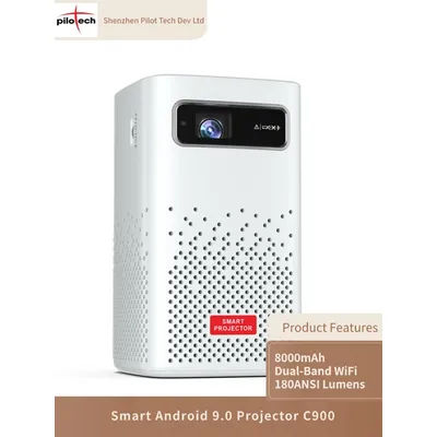 Mini C900 Dlp Projector with 180Ansi Brightness, 8000Mah Long Battery Life, 4K Decode, Dual-Band Wifi, for Home Theater Outdoor