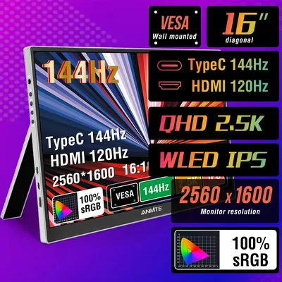 16-Inch 2.5K Portable Gaming Monitor 144Hz/120Hz 500cd/m Low Blue Light For XBox PS4 / 5 Switch Cell Phone PC Loptop Extension