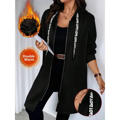 Plus Size Women's Long Zip - Up Hoodie, Double Warm Fabric, "LOVE" Lettering Detail, Casual & Cozy Daily Wear